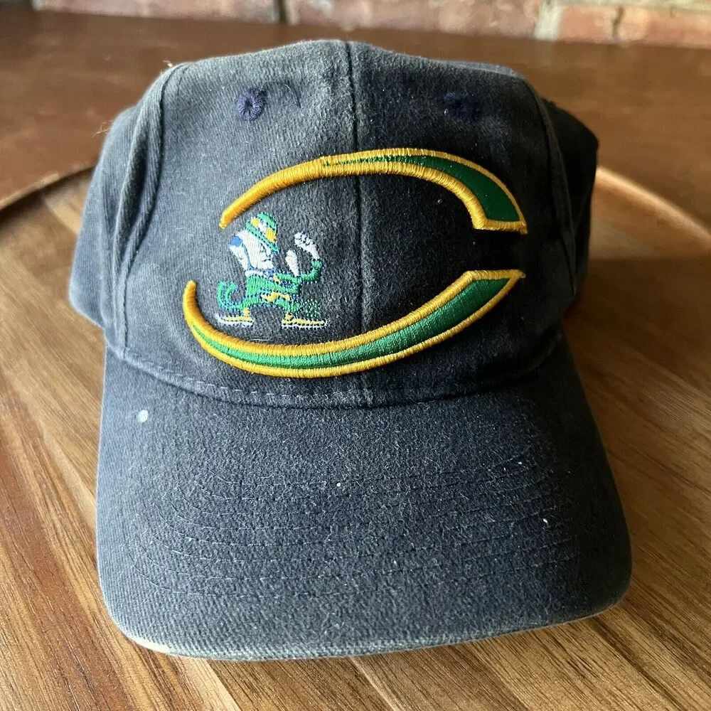 VINTAGE Thrashed Notre Dame Fighting Irish Hat Cap Strap Back Adult Blue